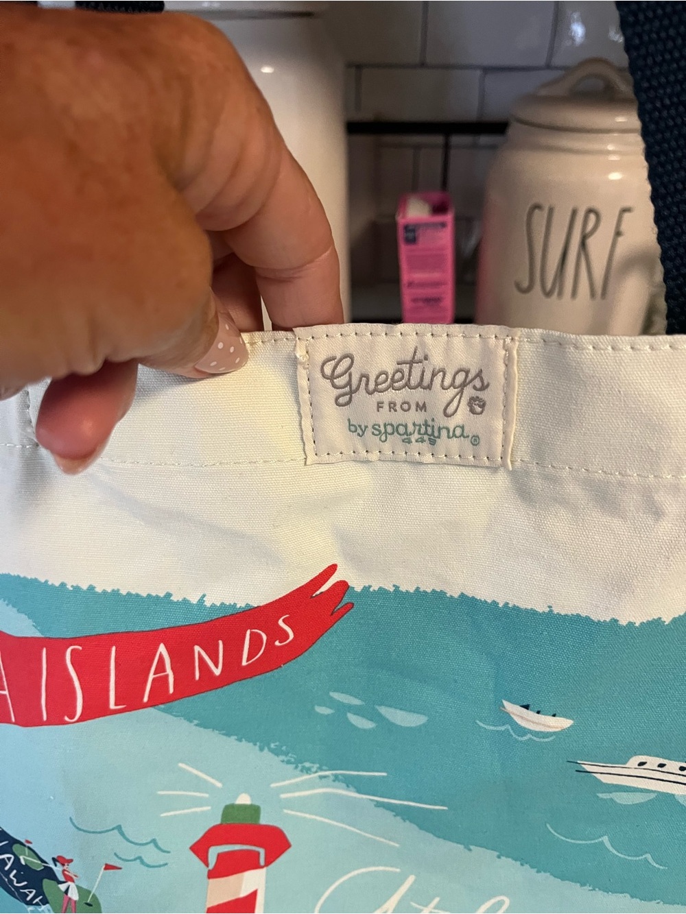 Spartina 449 Cream Canvas Tote with Blue Straps and Coastal Map Print - Picture 2 of 5